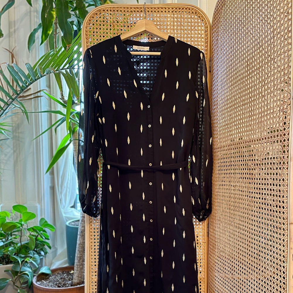 Black midi dress sheer sleeve embroidered detail
